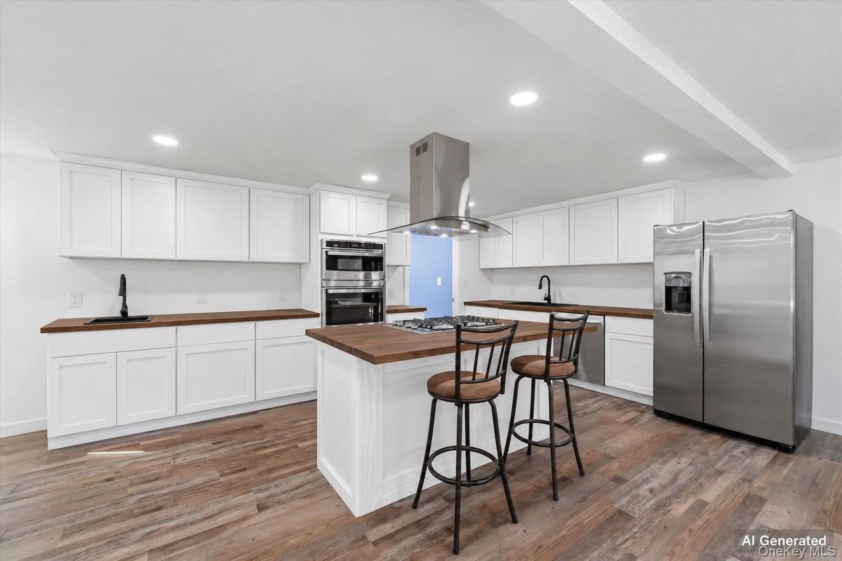 Ai generated photo example of kitchen finished with white cabinetry and dark counters.