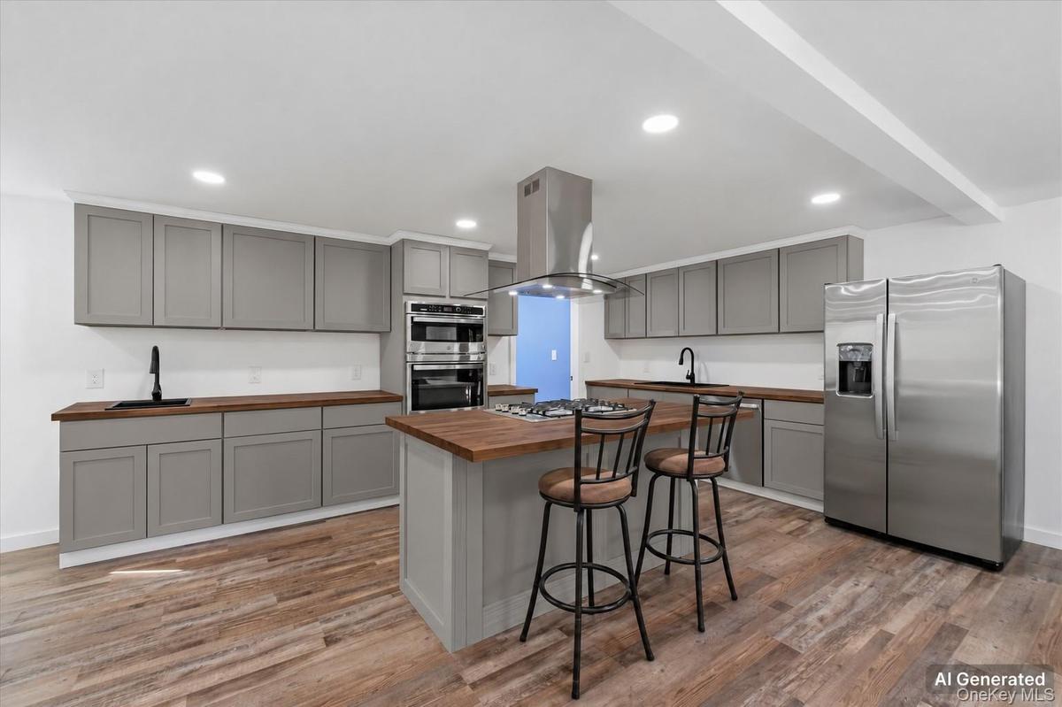 Ai generated photo example of kitchen finished with grey cabinetry and dark counters.