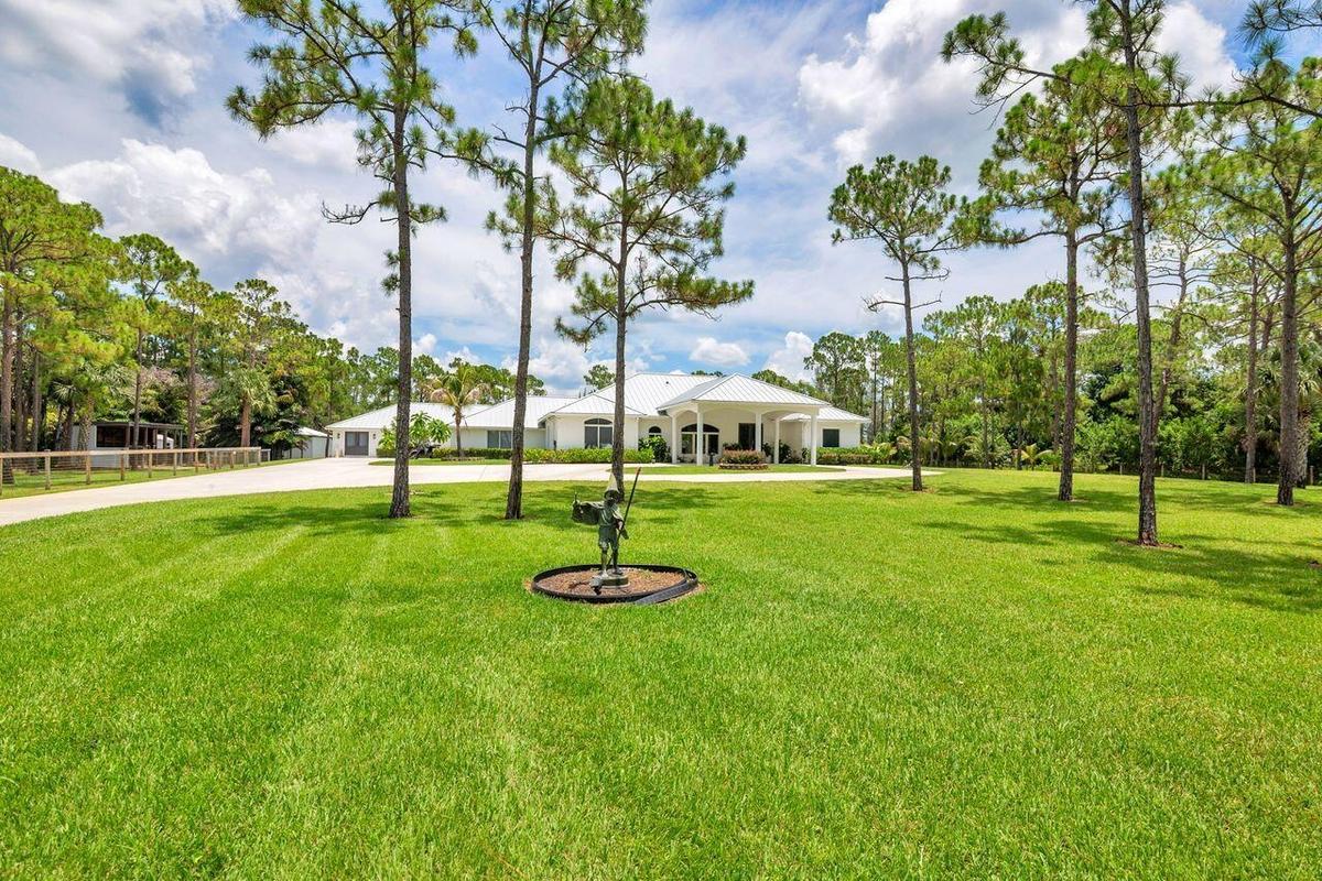 Expansive front lawn with mature pine trees.