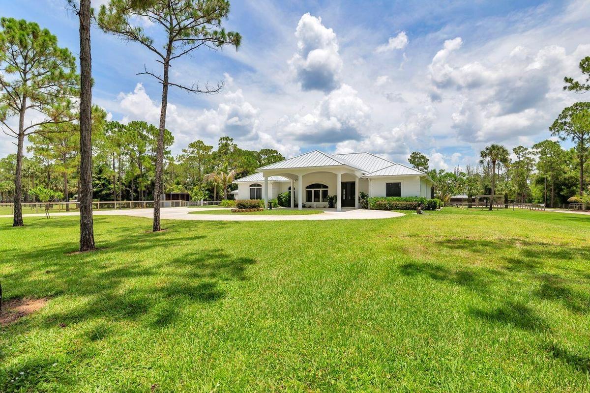 Expansive green lawn with mature pine trees framing a single-story residence