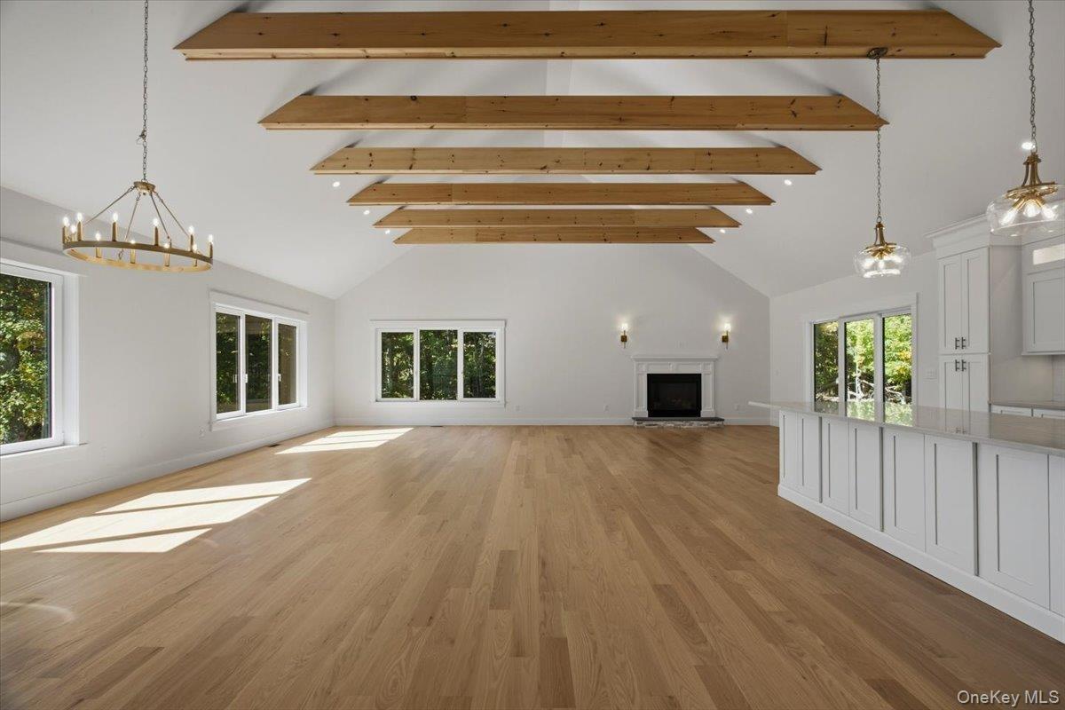 Open floor plan view with fireplace