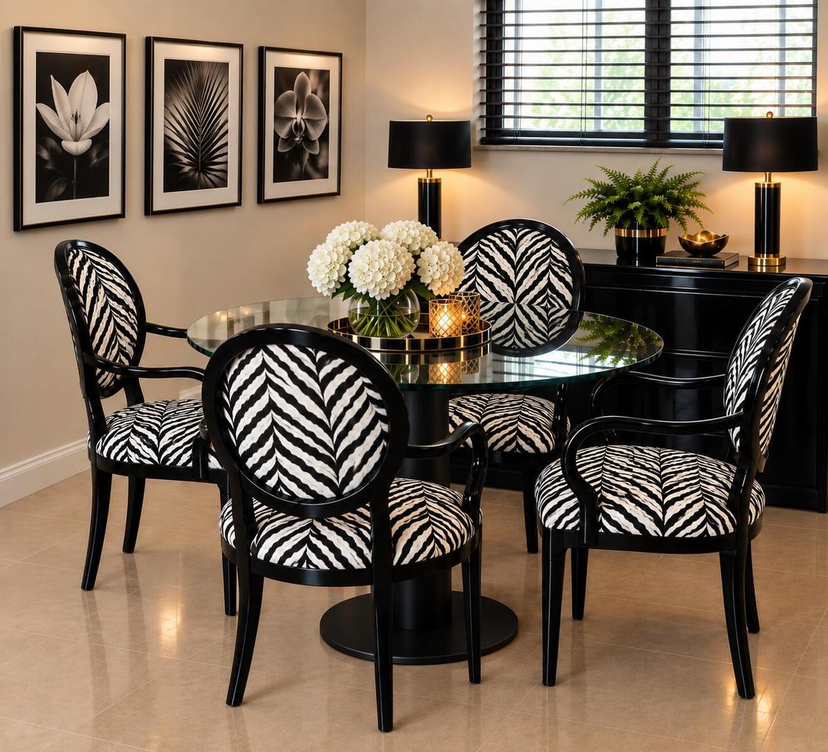 Built-in window blinds, permanent wall art, glossy tile flooring, and a glass-top table