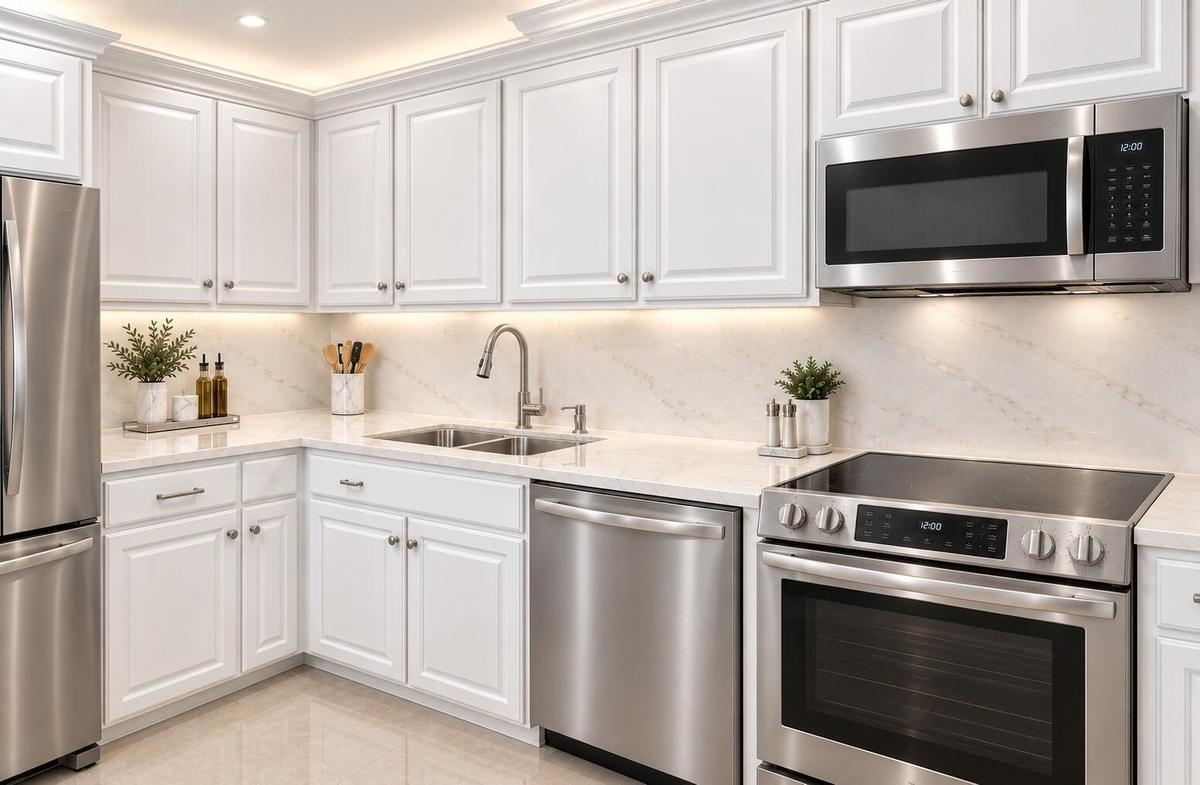 White shaker-style cabinetry, stainless steel appliances, light-toned countertops, undermount sink, and recessed lighting