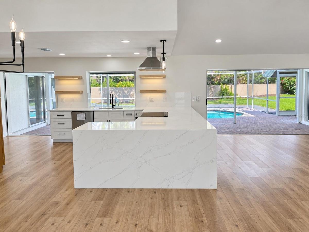 Quartz waterfall countertop
