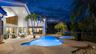 Expansive patio featuring a freeform swimming pool, integrated spa, and mature palm trees