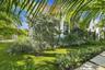 Lush tropical landscaping with mature palm trees, manicured lawn, and established shrub borders frames this serene outdoor setting