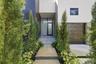 Modern architectural entry featuring a linear stone-paved walkway flanked by columnar evergreen landscaping, leading to a minimalist facade with clean