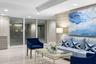 Recessed lighting, large format tile flooring, a horizontal wood-finish accent wall, and expansive glass panels