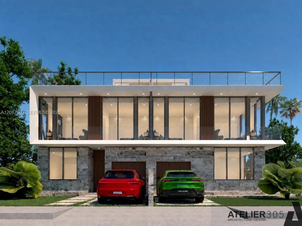 Modern facade with stone-clad lower level, expansive upper-level windows, and a rooftop deck with metal railing