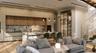 Open-concept living space with wood-finish flooring, a contemporary kitchen featuring integrated appliances and stone slab backsplash, a built-in glas