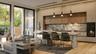 Wood-finish flooring, full-height glass doors, built-in ovens, stone slab backsplash, and integrated cabinet-front refrigerator