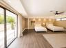 Wood-finish flooring, recessed lighting, and a black ceiling fan