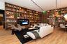 Built-in shelving with integrated lighting, wood-finish flooring, recessed ceiling lights, and track lighting