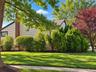 Manicured lawn, mature trees, and established shrubbery complement the exterior siding and brick chimney