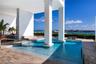 Outdoor pool with an integrated spa, surrounded by stone pavers and substantial architectural columns