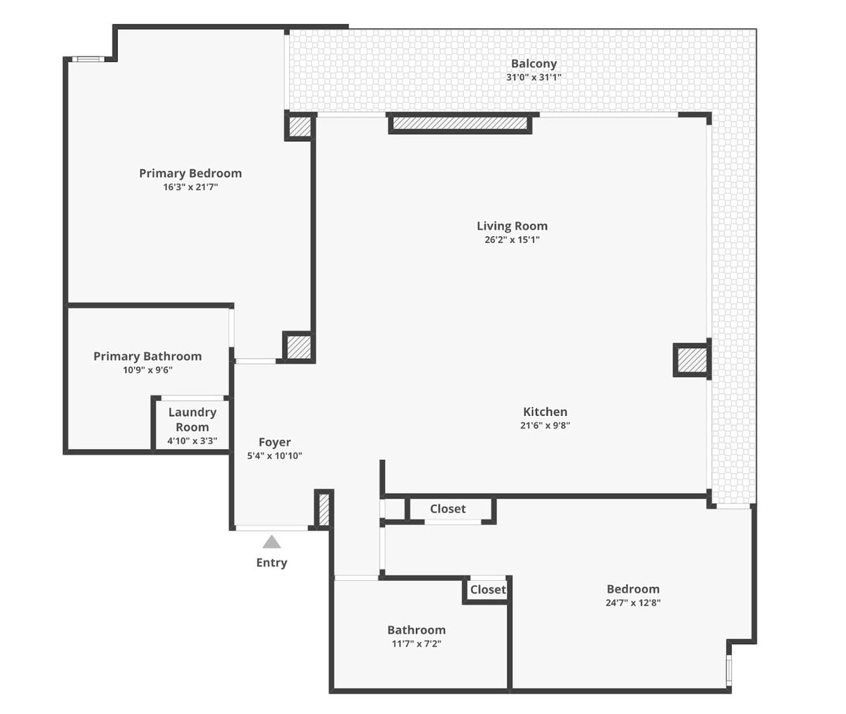 Corner unit w/wrap around balcony. 4 units per floor.