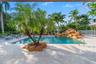 Outdoor swimming pool with a rock waterfall feature, integrated palm tree planting, and surrounding hardscaping