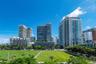 Expansive urban green space bordered by high-rise structures and mature palm trees