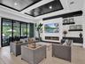 Curved bar featuring a stone countertop, high-gloss black base, recessed ceiling lighting, and staircase with metal railing