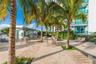 Expansive outdoor patio with paver flooring, mature palm trees, and integrated landscaping