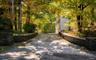 Paved driveway framed by stone retaining walls and mature trees