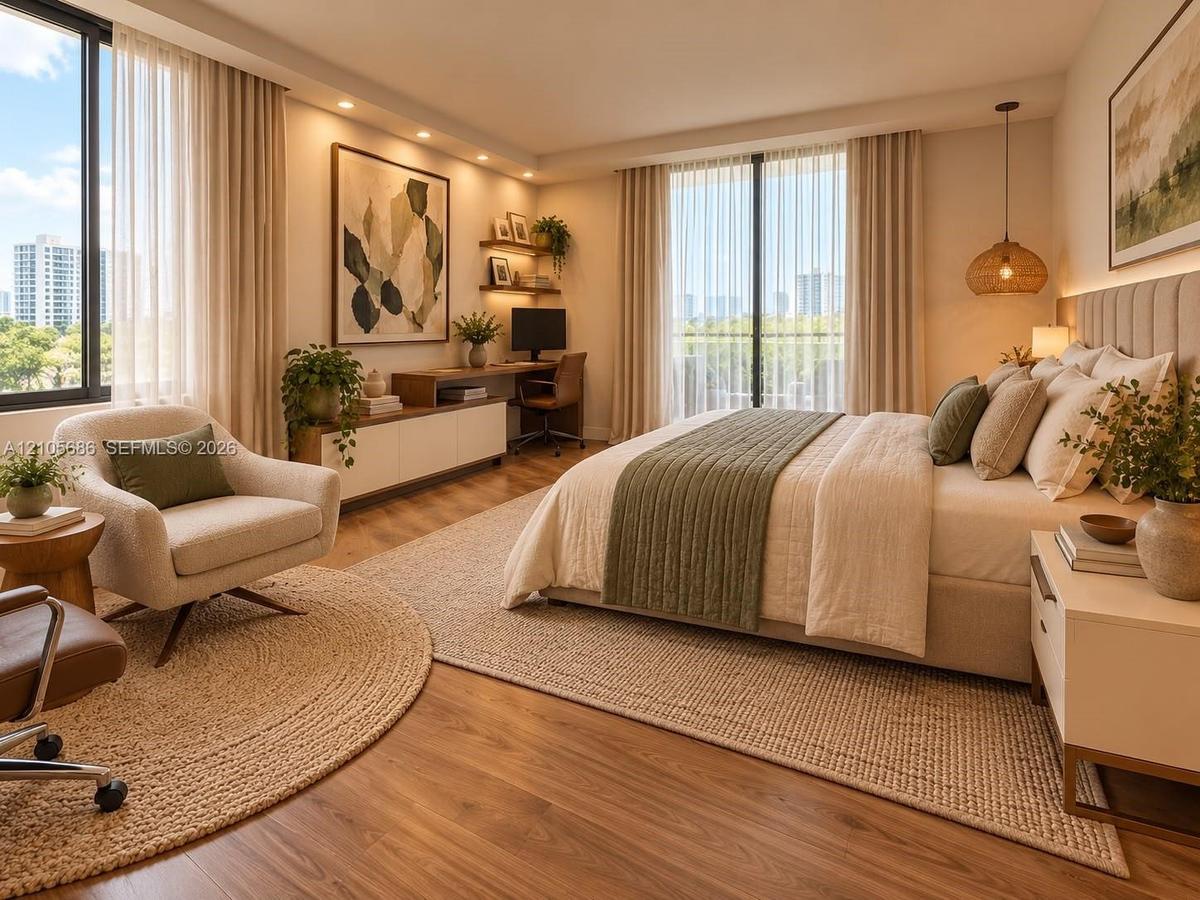 Floor-to-ceiling windows, wood-finish flooring, built-in cabinetry with integrated shelving, recessed lighting, and a neutral upholstered headboard
