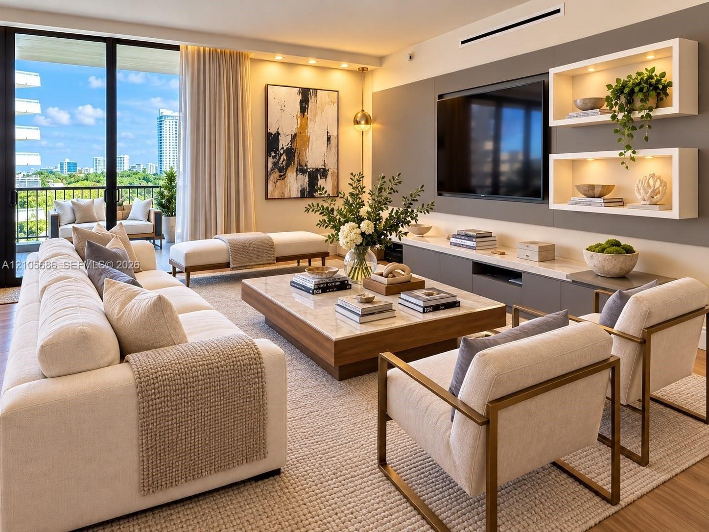 Living area featuring floor-to-ceiling sliding glass doors, built-in recessed shelving with integrated lighting, a custom wall-mounted media console, 
