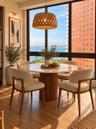 Floor-to-ceiling black-framed windows, wood-finish flooring, and a suspended woven pendant light
