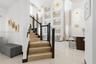 Staircase featuring wood-finish treads, dark wood posts, and a cable railing system, complemented by high-gloss floor tile and suspended globe-style p