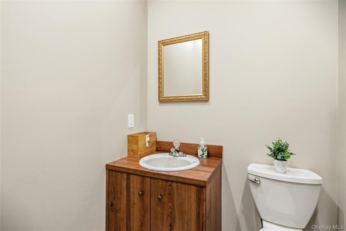 Vanity featuring a wood-finish cabinet, integrated countertop, and inset circular sink, complemented by a rectangular wall-mounted mirror