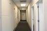 Hallway featuring neutral wall finishes, drop ceiling with integrated recessed lighting, and carpeted flooring