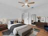 VIRTUAL STAGING. East bedroom featuring wood-finish flooring, a ceiling fan with integrated lighting, and louvered-panel closet doors. House for rent 