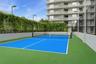 Recreational court featuring high-contrast blue and green surfacing, chain-link perimeter fencing, integrated lighting, and a living privacy hedge