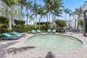 Circular swimming pool featuring a stone-tile border, set within a paved deck with mature palm trees and manicured privacy hedging