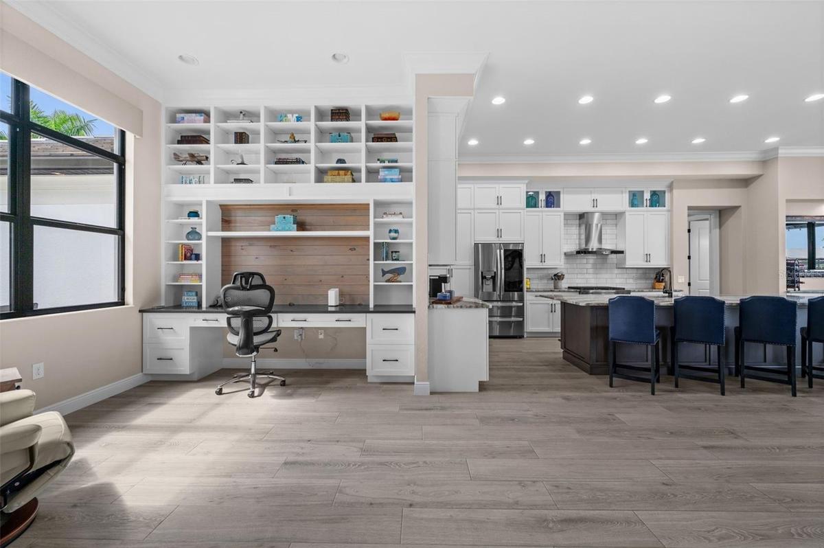 Built in desk and shelving in the open office