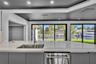 Kitchen featuring a stone-surface island, undermount stainless steel sink with a high-arc faucet, integrated stainless steel dishwasher, flat-panel ca