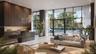 Lobby featuring floor-to-ceiling windows, full-height dark wood-finish wall paneling, built-in reception desk with integrated lighting, and recessed c