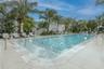 Rectangular swimming pool featuring a light-toned stone deck, integrated tiered steps, a stainless steel handrail, and mature palm tree landscaping