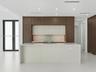 Contemporary kitchen featuring two-toned cabinetry, a waterfall-edge center island, solid-surface countertops, stone-finish backsplash, and recessed c