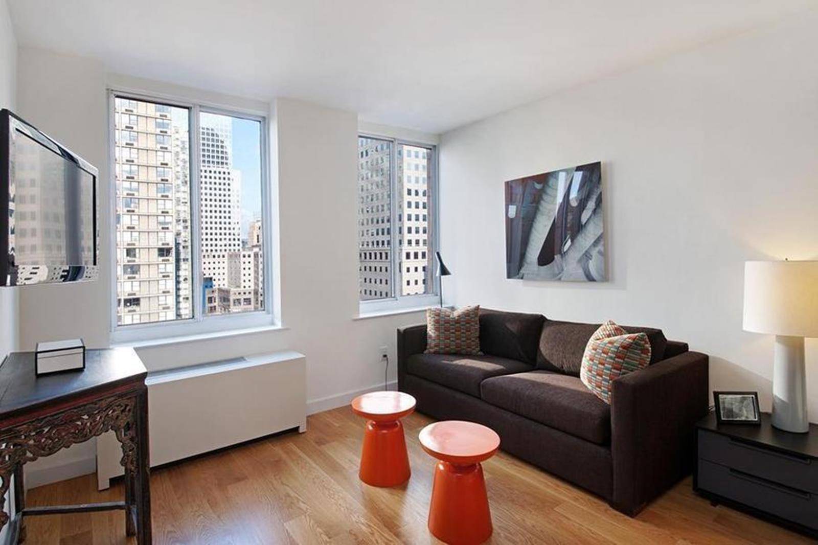 North facing penthouse unit with partial Hudson River and One World Trade Center view.