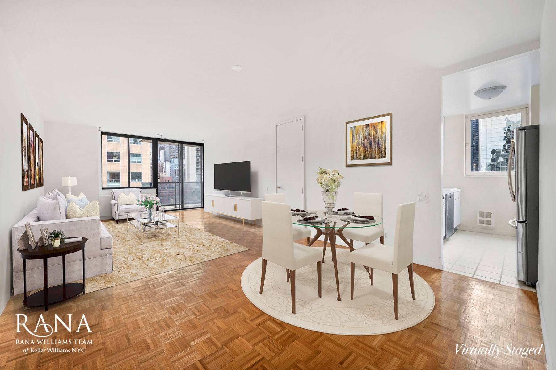 Perched high in the sky, this graciously sized two bedroom, two bathroom apartment faces South and West with beautiful sunlight and spectacular Open City views of midtown skyscrapers, including the ...