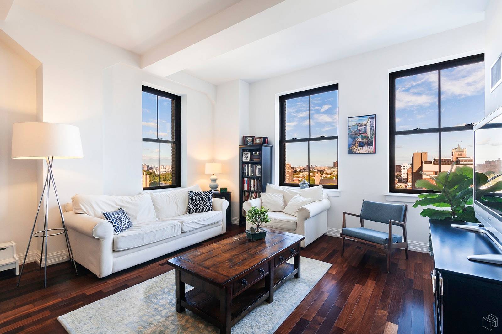 A Corner Home with Amazing ViewsThis massive, pre war, 15th floor apartment features an over sized, open living room with 10'6 beamed ceilings and big windows overlooking beautiful Fort Greene ...