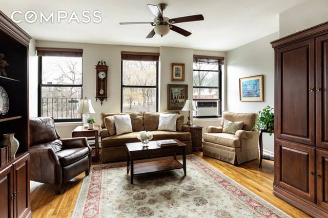 Experience the pre war charm of this 3 bedroom, 2 bathroom coop with exposed brick and beautiful wood trim.