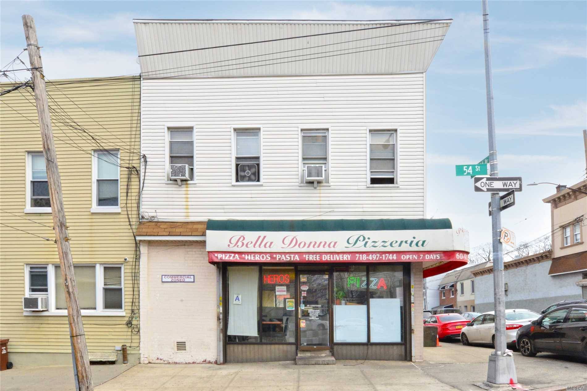 Mixed Use Building on Corner Lot facing Metropolitan Avenue ; 3 Apartments 2 BR ; 2 BR ; 3 BR and Pizza Store ; Enclosed Parking Lot with 3 Spaces.