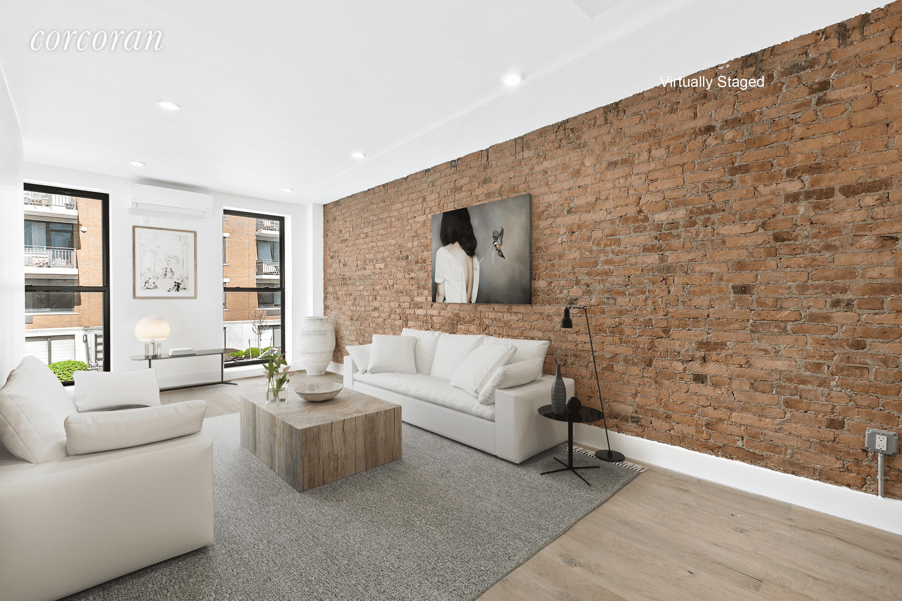Residence 3A, just two flights up, a 2 bedroom, 1 bathroom duplex boasting large 373 SF private terrace, exposed brick details, northern exposure through nearly floor to ceiling windows allowing ...