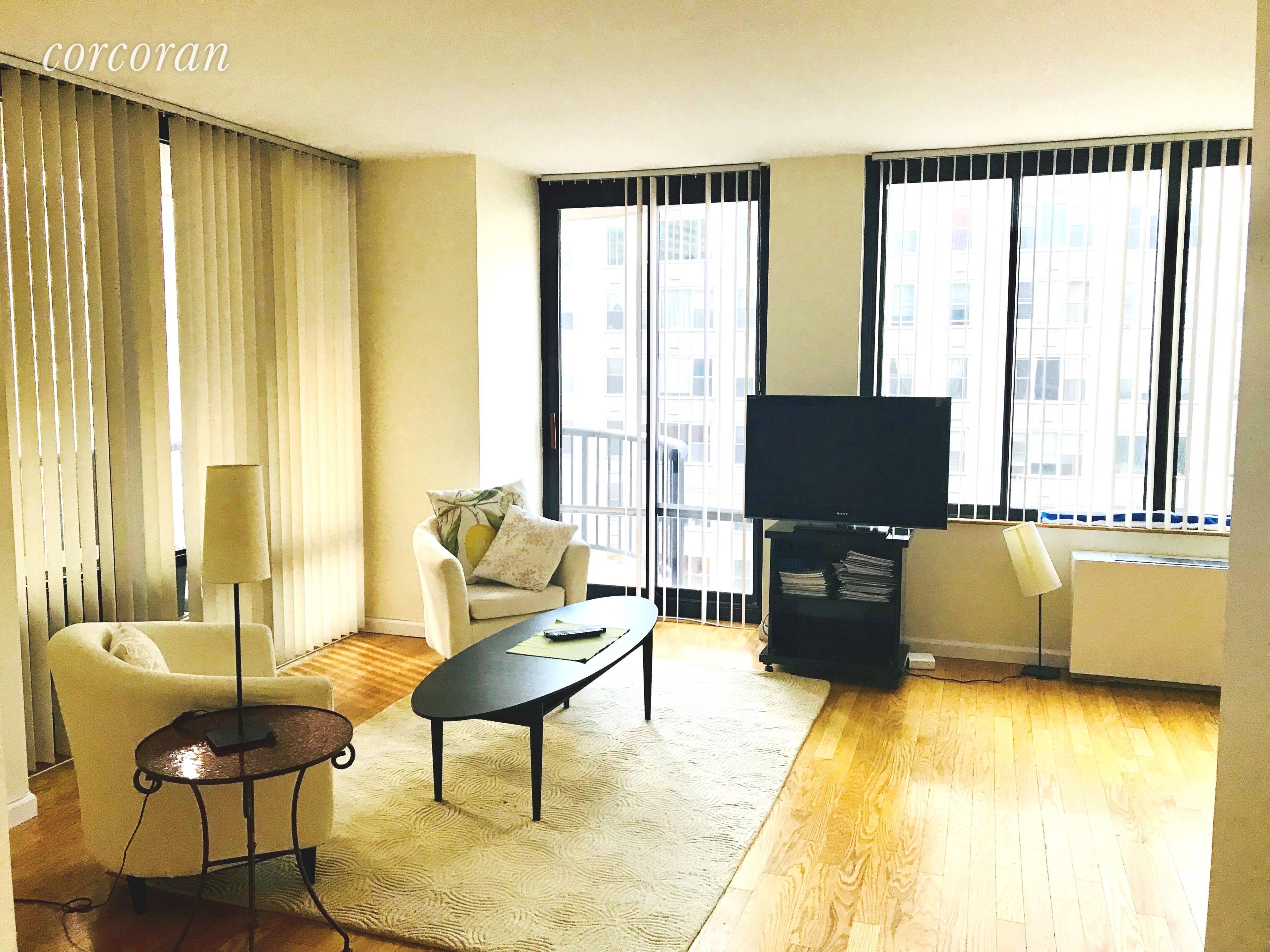 Welcome to this over sized 1 bedroom at the Rio 304 East 65th Street with Western and Southern Exposure, Excellent light and a huge wrap around balcony.