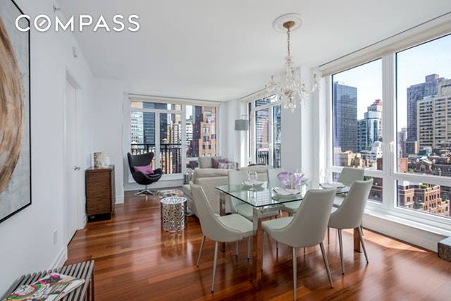 Perched high above the city, with gorgeous skyline views, this magnificent corner one bedroom one and a half bath apartment at 45 Park Avenue is truly striking.