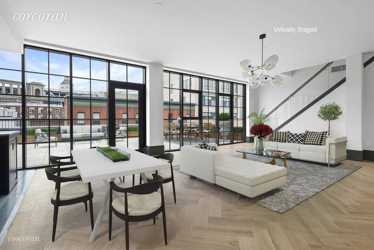Application Pending. 3 Bedroom 4 Bath Duplex Penthouse with Amazing Private Terrace and Reserved Parking Space in Dumbo's Newest Full Service Luxury Building 51 Jay Street.