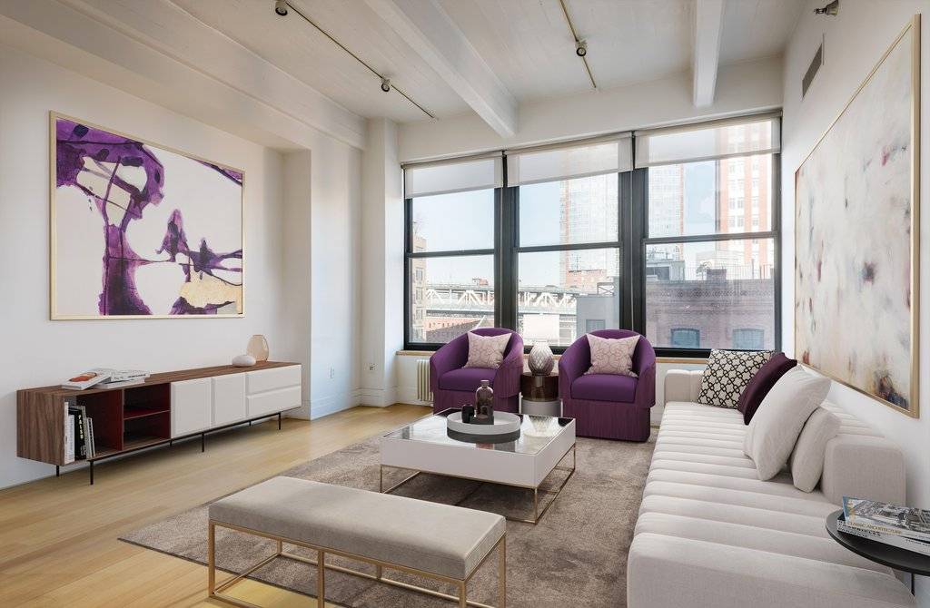 This lovely loft apartment offers 1, 236sf of bright space with oversized windows, 11' high concrete beamed ceilings and bamboo flooring throughout.