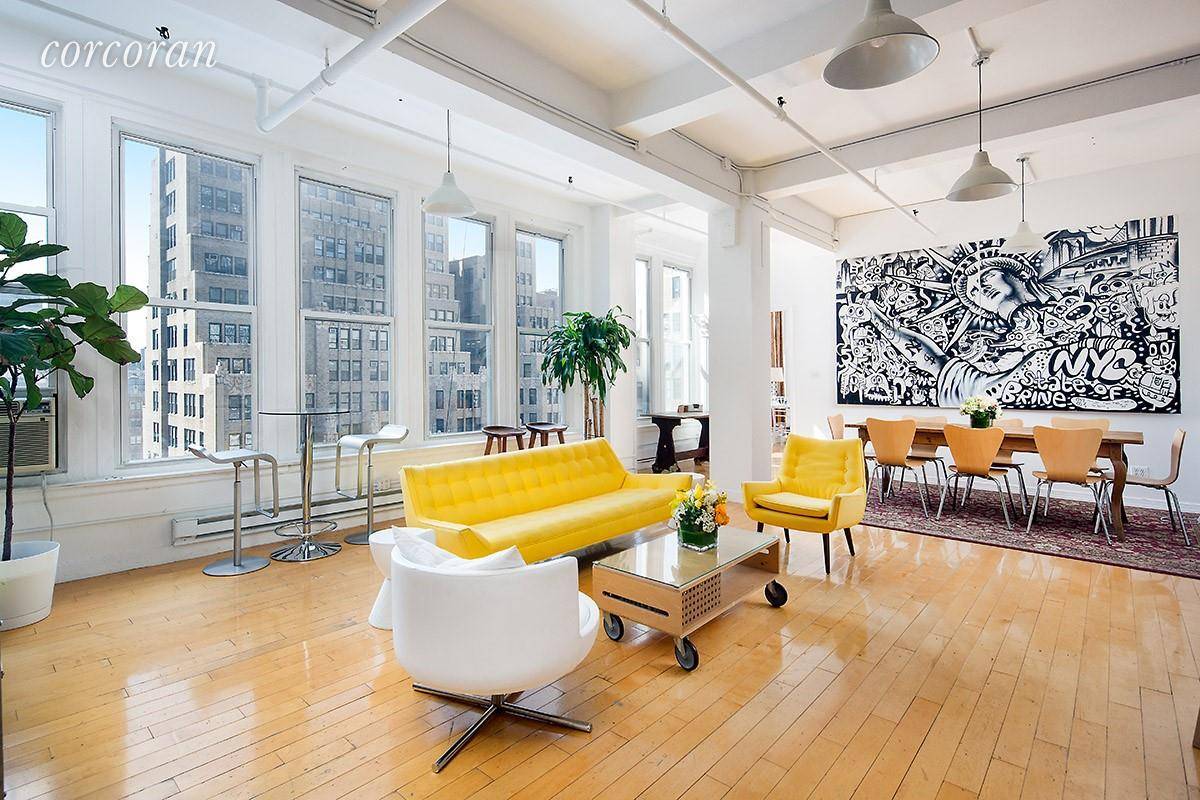 This massive Chelsea Live Work Loft, is on the 10th floor with south facing views of downtown, high ceilings and gets tons of natural light.